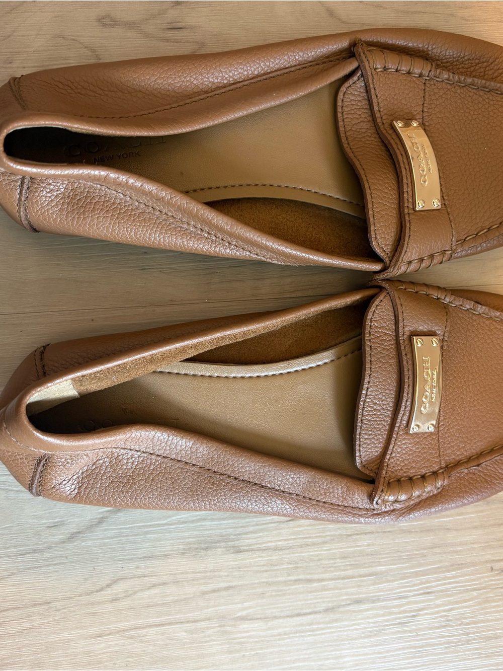 Coach Tan Leather Slip-On Loafers with Gold Plaque